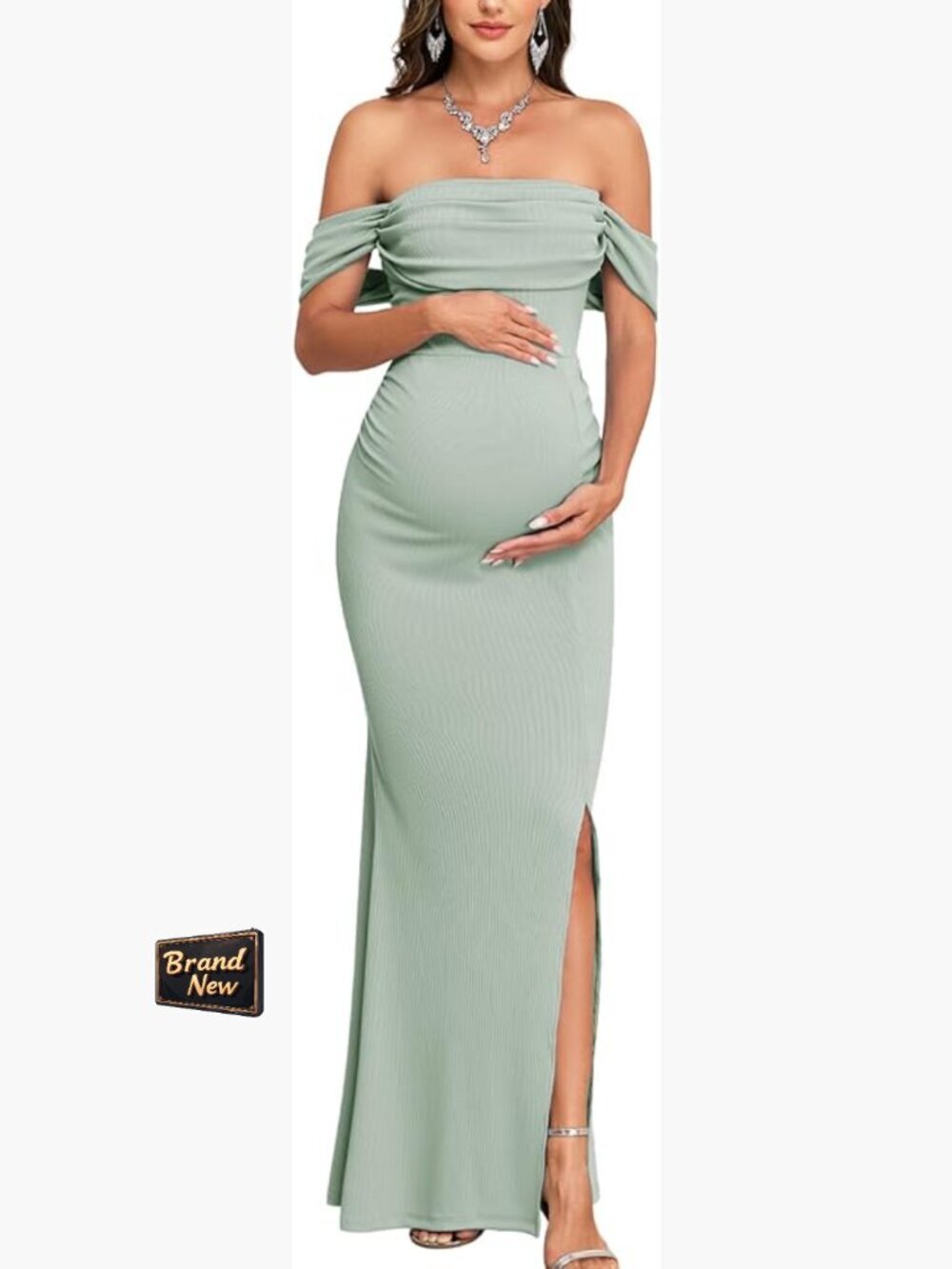 Off Shoulder Maternity Dress Ruched Ribbed Knit Bodycon Maxi Gown with Slit